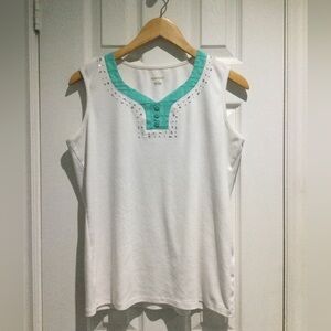 Allison Daley White Tank Top With Rhinestones Neck Trim Embellishments